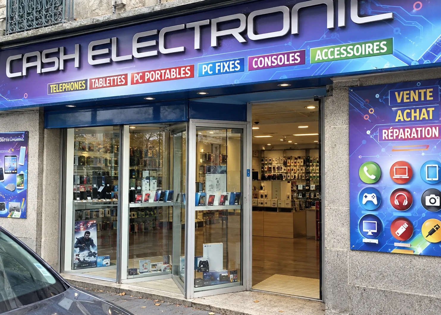 Façade de la boutique Cash Electronic à Montpellier, spécialisée dans la vente, l'achat et la réparation de téléphones et équipements multimédias.